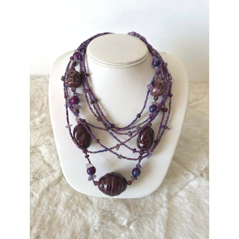Purple Plum Multi Strand Beaded Statement Necklace Boho Blue Accents Adjustable